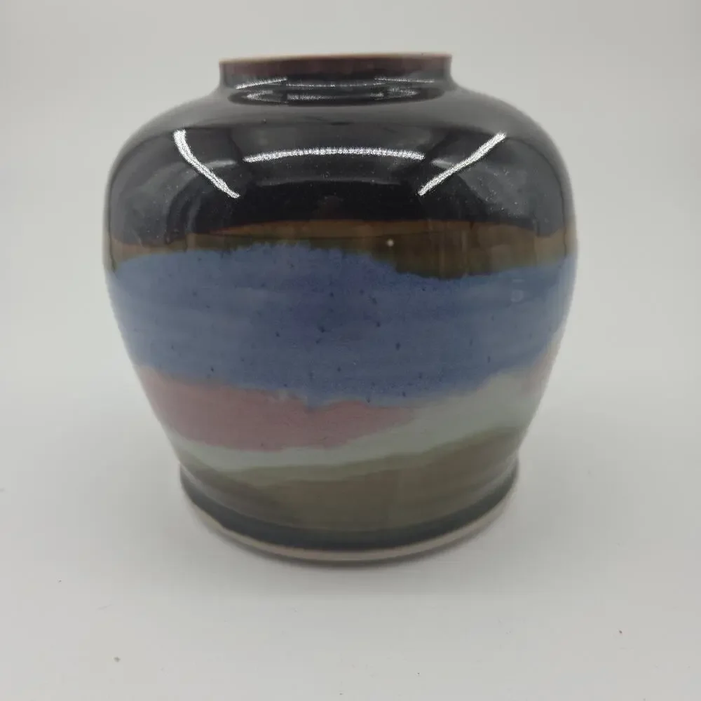Signed Studio Pottery Vase Drip Glaze Blue Brown Mauve Modern Art Pottery 5.5